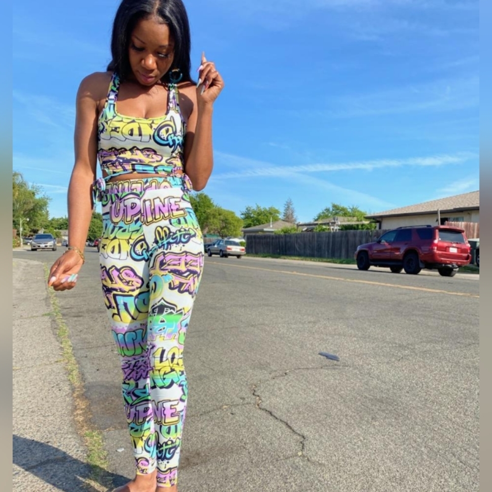 Multi Color Graffiti Print Two Piece